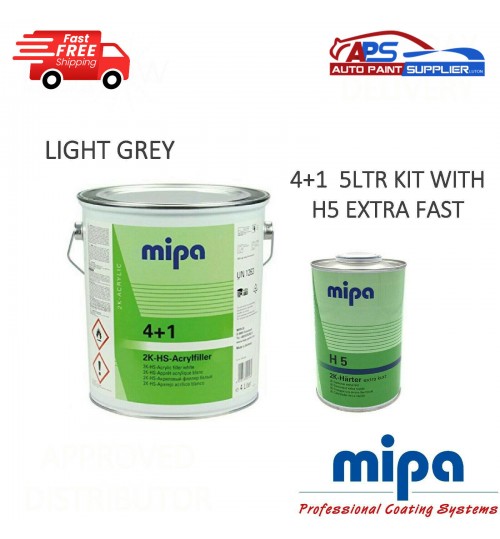 MIPA 4 + 1 ACRY FILLER 2K PRIMER HIGH BUILD LIGHT GREY 4LTR + H5 1LTR 5LTR KIT